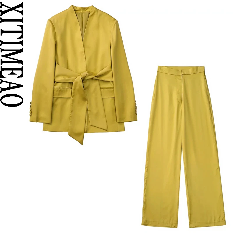 

Xitimeao Women Fashion With Belt Lapelless Satin Blazer Coat Vintage Long Sleeve Button-up Outerwear And Wide Leg Trousers