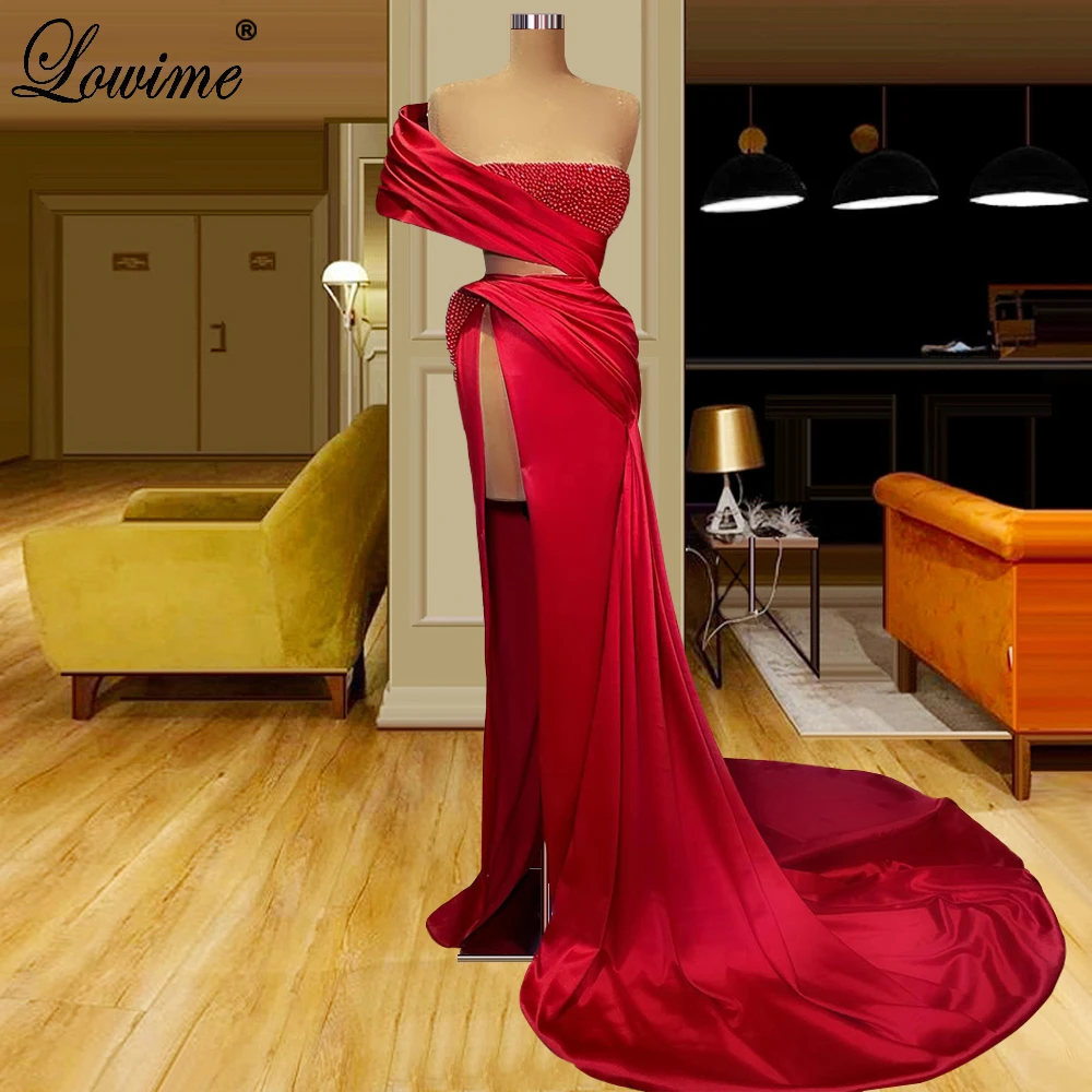 

Special Design Red Celebrity Dresses For Women Strapless Beaded Evening Dresses With Side Slit Sexy Red Carpet Runway Dresses