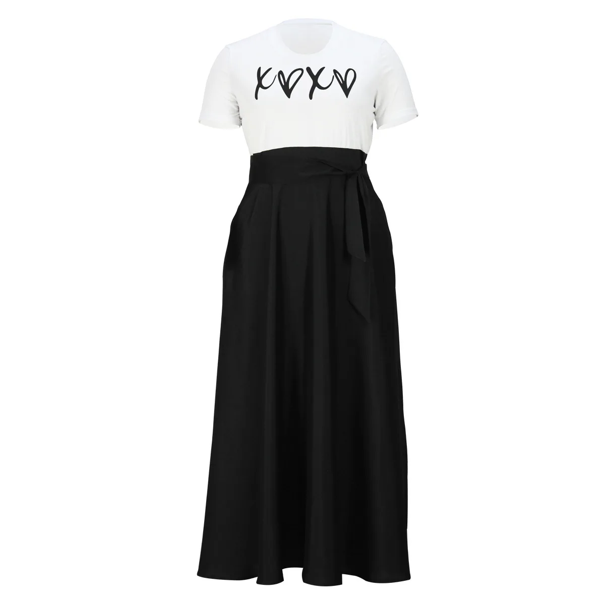Plus Size New Women's Dress High Waist Lace-up Pocket A-line Skirt Letter Print Long Dress Loose Casual Female Clothes Robe