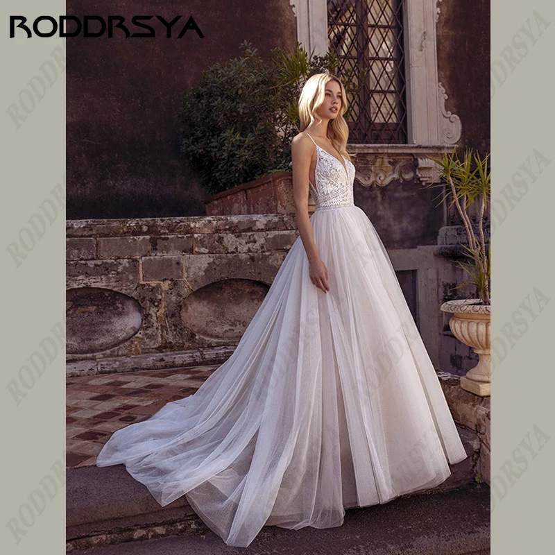 

RODDRSYA Off Shoulder Boho Wedding Dress For Women Civil V-Neck A-Line Bridal Gown Sleeveless Spaghetti Straps Robe De Mairee