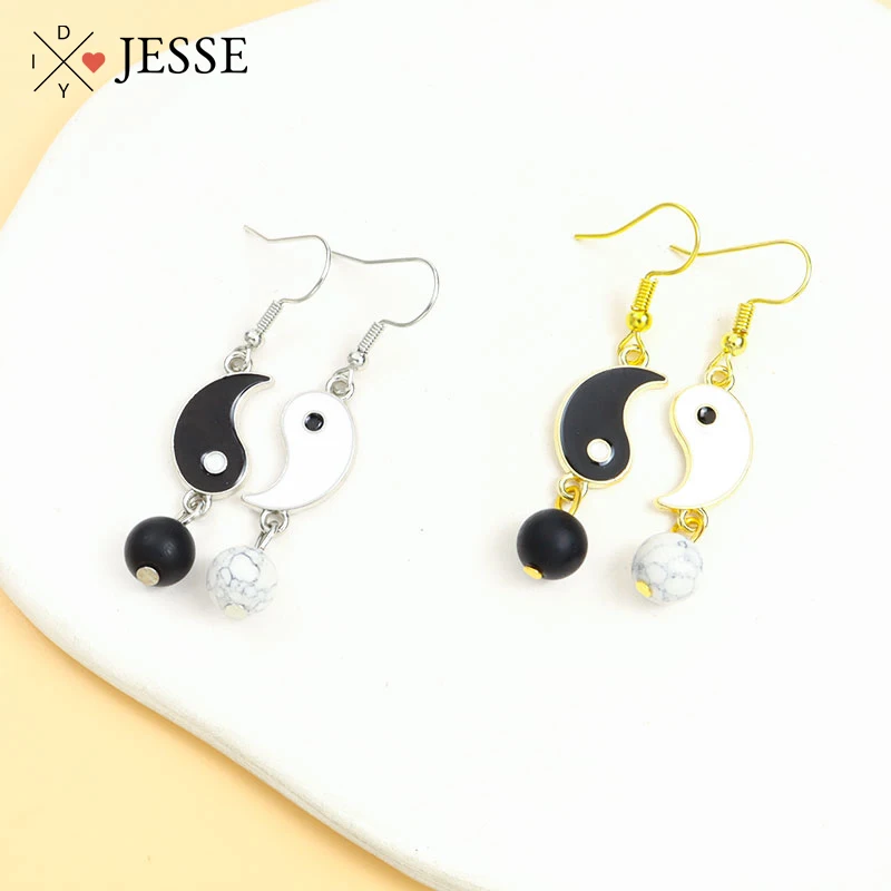 

Tai Chi Yin Yang Bagua Enamel Drop Dangle Earrings Black White Turquoise Bead Natural Stone Pendants Ear Hook Women Jewelry Gift