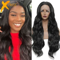 black colored synthetic lace wigs for black women x tress soft 28inch long body wave middle part hair wig with natural hairline