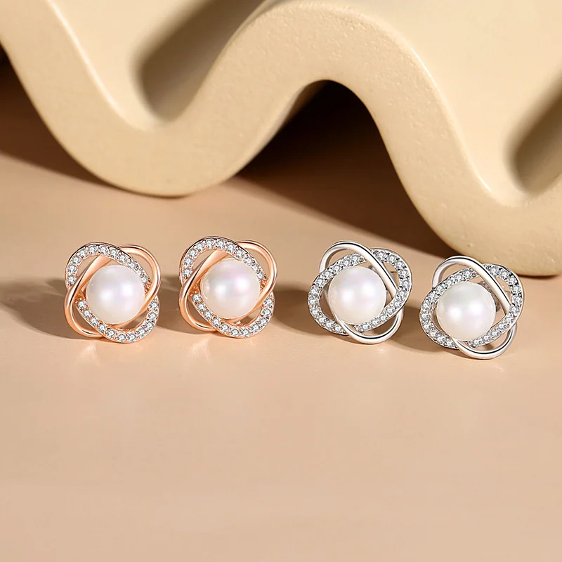 

KERLA New Trends in 2023 Zircon Crystal Pearl Earrings For Women New Arrival Fashion Luxury Rotate Silver Color Stud Jewelry