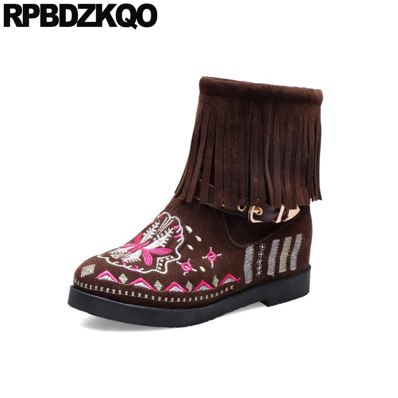 Плюс размер бахрома больших размеров ремни вышивка замша женские ботильоны 2021