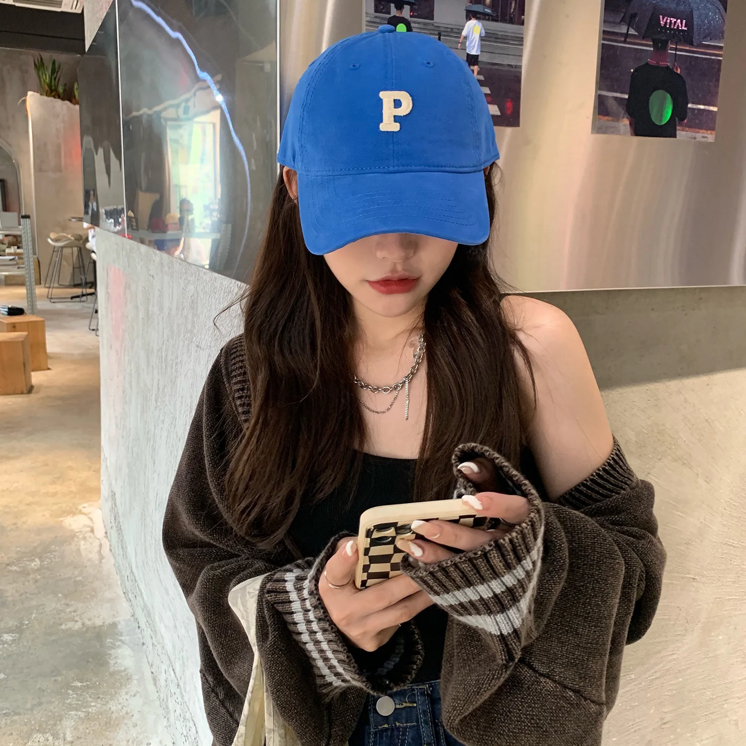 

Blue Female Spring And Autumn Green Hat Women Tide P Letter Korean Version All-Match Baseball Cap Face Small