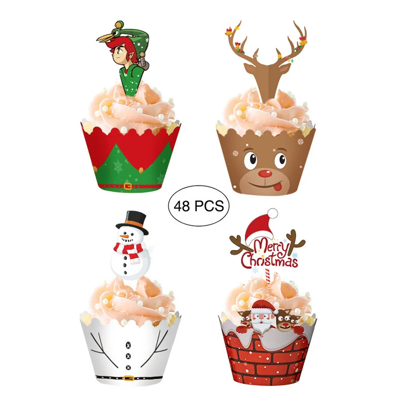 

24pcs/set Christmas Paper Cupcake Wrapper Santa Claus Cake Topper Merry Christmas Xmas New Year Birthday Party Cake Decorations