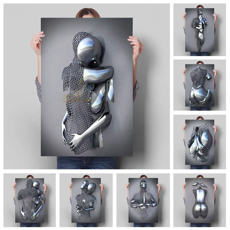 

Парные металлические фигурки, статуэтка, Картина на холсте, скульптура для влюбленных, плакат, печать, украшение для гостиной, настенное искусство, домашний декор