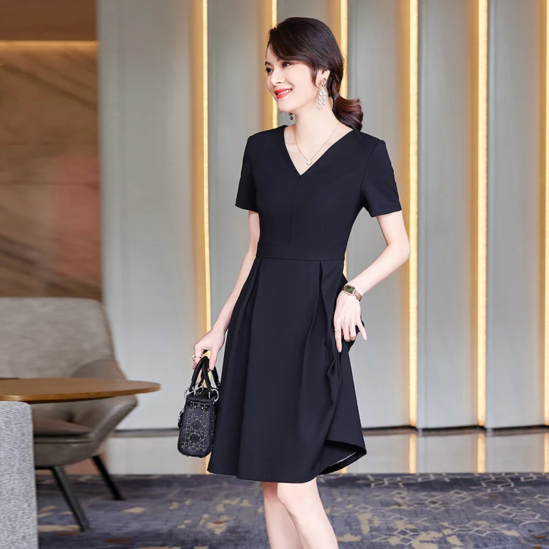 

22Korean summer short sleeve women's elastic V-neck extra large pencil skirt women's striped bow white-collar business ol dress