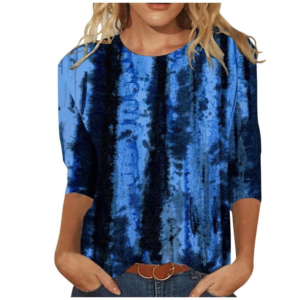 

2022 [New In] Women's Abstract T Shirt Striped Patchwork Print Round Neck Basic Tops