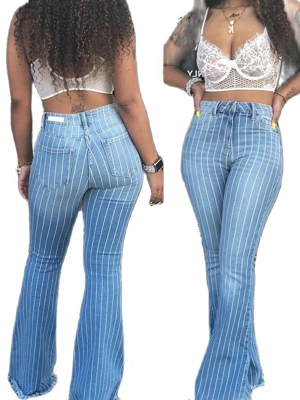 

Fashion Striped Woman Flare Jeans Elastic Skinny Denim Wide-Leg Flare Pants Street Hipster Ripped Trousers S-2XL Drop shipp