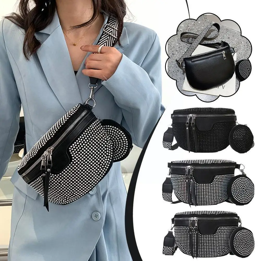 

Fashion Rhinestone Waist Belt Bag Women Shoulder Crossbody Pack PU Bag New Single Shoulder Crossbody Leather BAG Chest V1L6