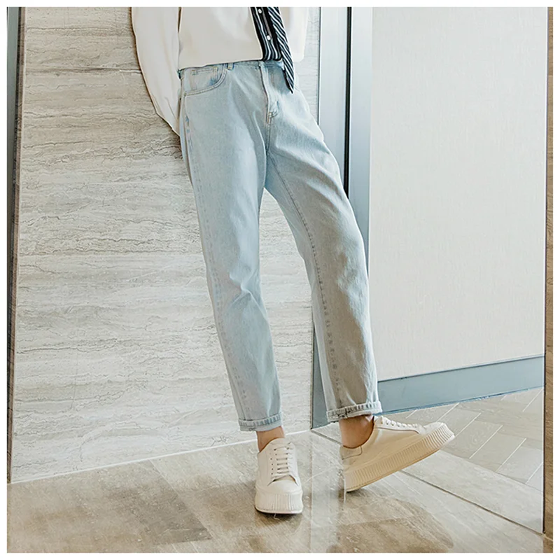 Streetwear Men 2022 New Pattern Vintage Recreational Light Blue Jeans Versatile Trend Straight Cylinder Trousers Autumn Female