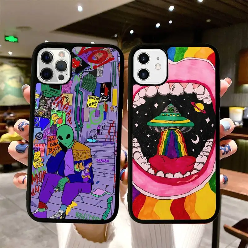 

Aesthetics Cartoon alien space Phone Case Silicone PC+TPU Case for iPhone 11 12 13 Pro Max 8 7 6 Plus X SE XR Hard Fundas
