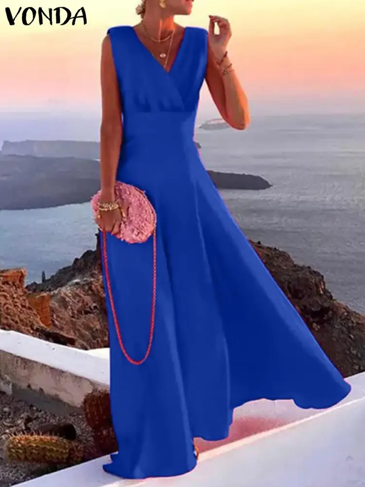

Women Maxi Long Dress 2023 Sexy V-neck Sleeveless Party Sundress Beach Holiday Vestidos Vintage Solid Color Swing Dress Robe