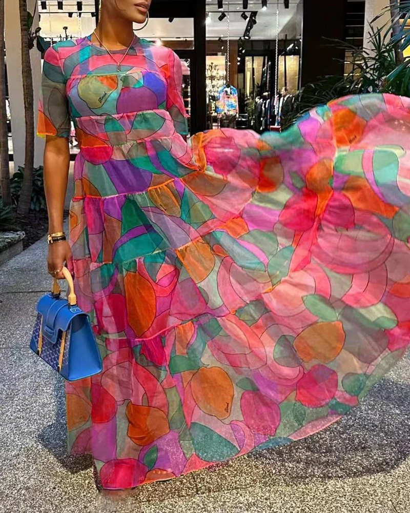 

Casual Loose Fashion Women Long Dress Round Neck Beach Wear Vacation Holiday Fruit Print Short Sleeve Maxi Dress