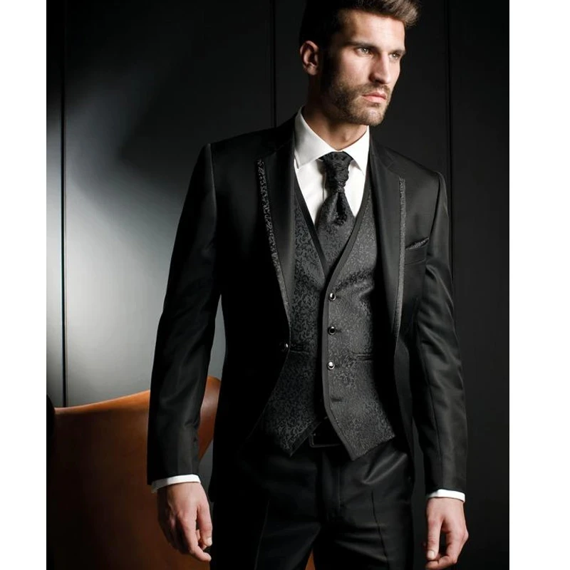 

Черный цветочный облегающий свадебный смокинг для жениха 3 шт. мужские модные костюмы куртка жилет с брюками с лацканами мужской костюм