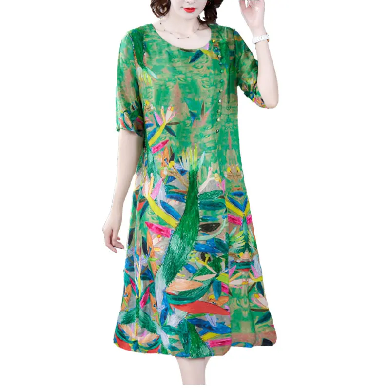 

Платье женское шифоновое до середины икры, модный винтажный сарафан с принтом, круглым вырезом, на пуговицах, свободное, с коротким рукавом, на лето