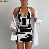 2022 summer print short dresses woman backless halter bodycon dress sexy beach party mini dress knitted club outfits vestidos