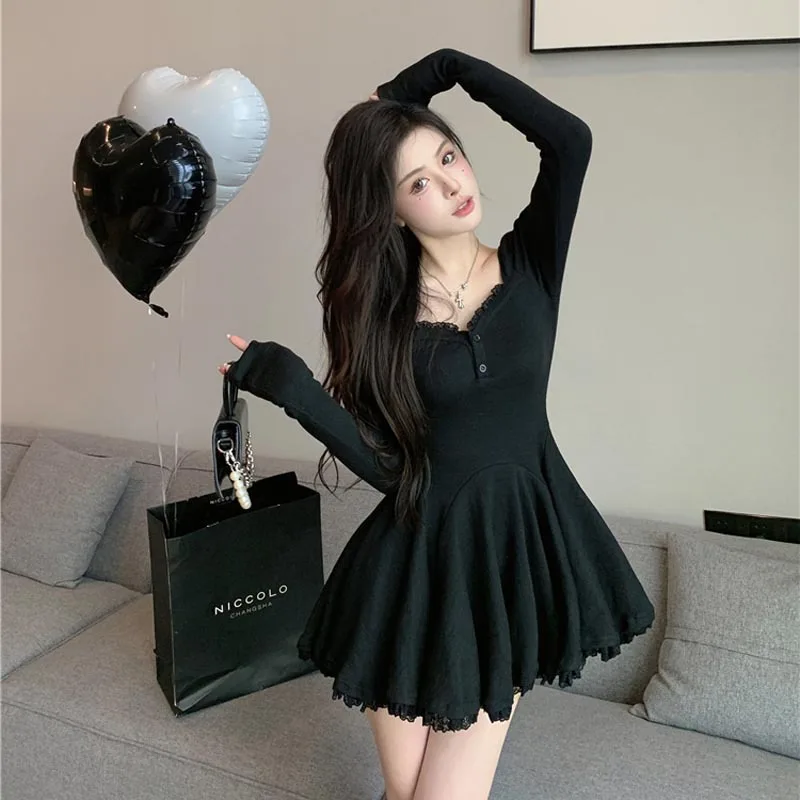 

2022 Spicy Girls Pleated A-line Skirt Autumn New Style Solid color Puffy Sexy Lace Dress Women's Long-sleeved Waist Style
