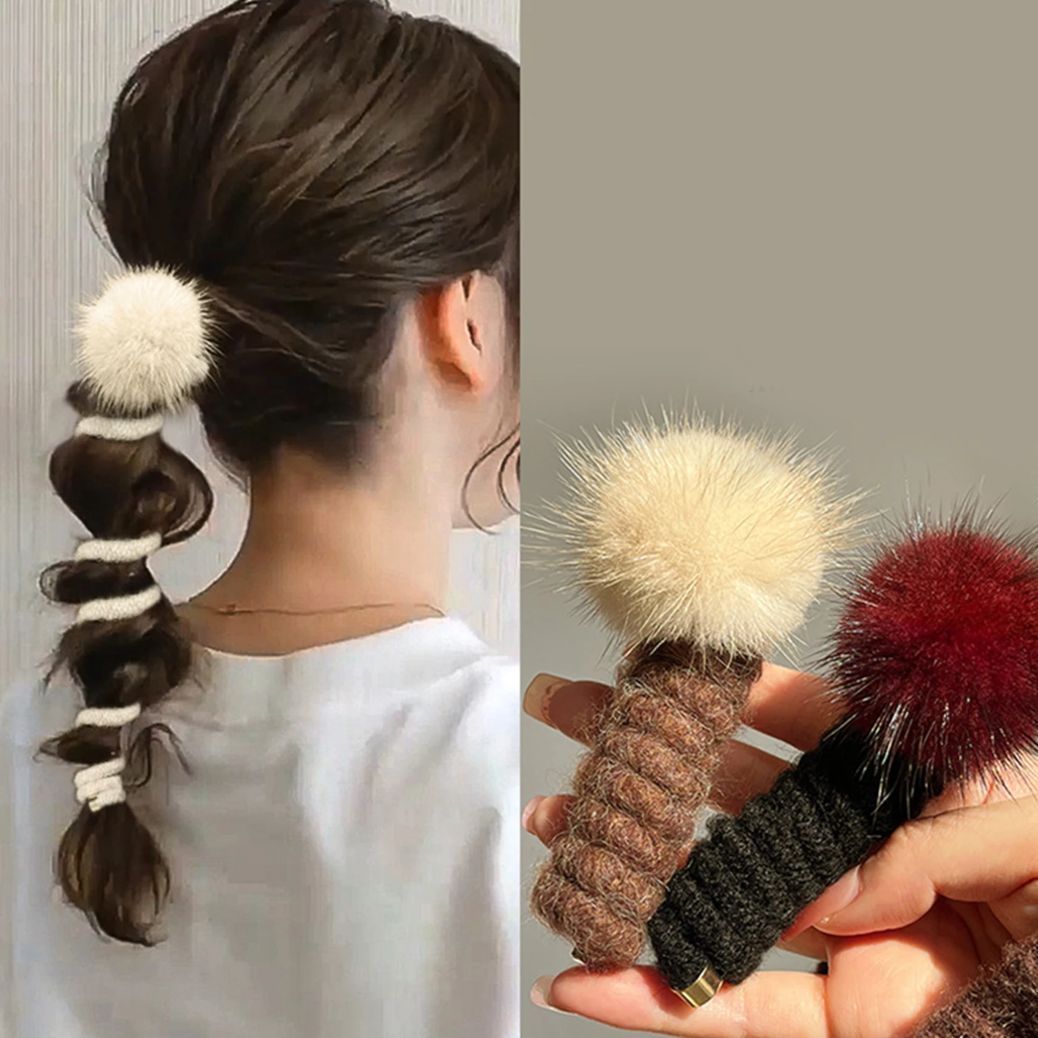 

Faux Fur Ball Telephone Cord Scrunchies Hair Rope Women Girls Rubber Bands Ponytail Holder Spiral Braided Wire Ties