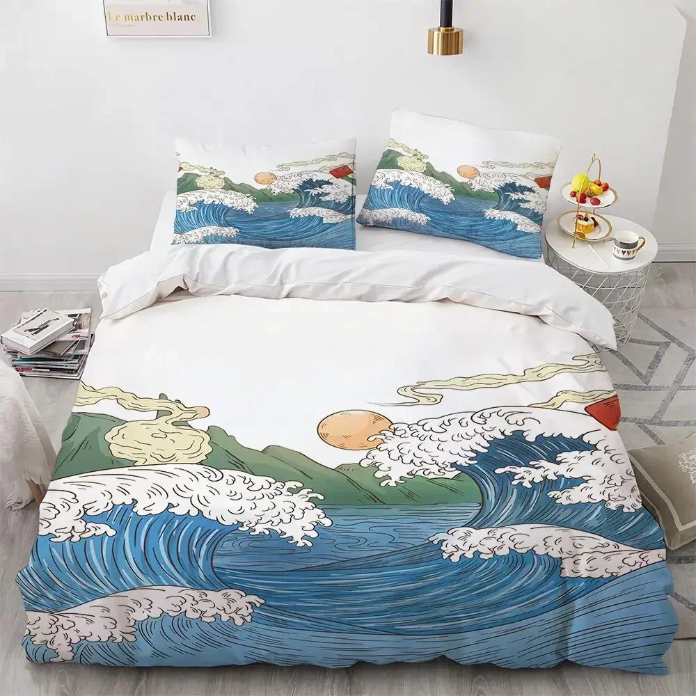 Фото Комплект пододеяльников с волнистым узором Hokusai, японский пододеяльник Ukiyoe, восточный стиль, океанская королева, двойной комплект постельного белья из полиэстера №5