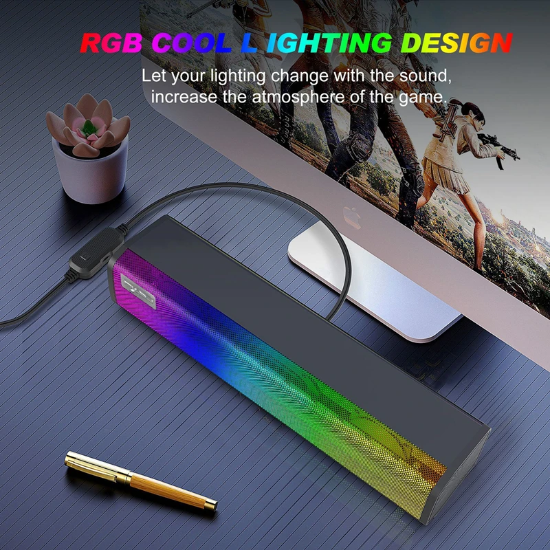 Q9 RGB Light Wired Soundbar Column Speaker 9 Kinds Of Lights Can Be Adjusted Long Sound Bar Computer TV Game Speakers 3.5mm Plug |