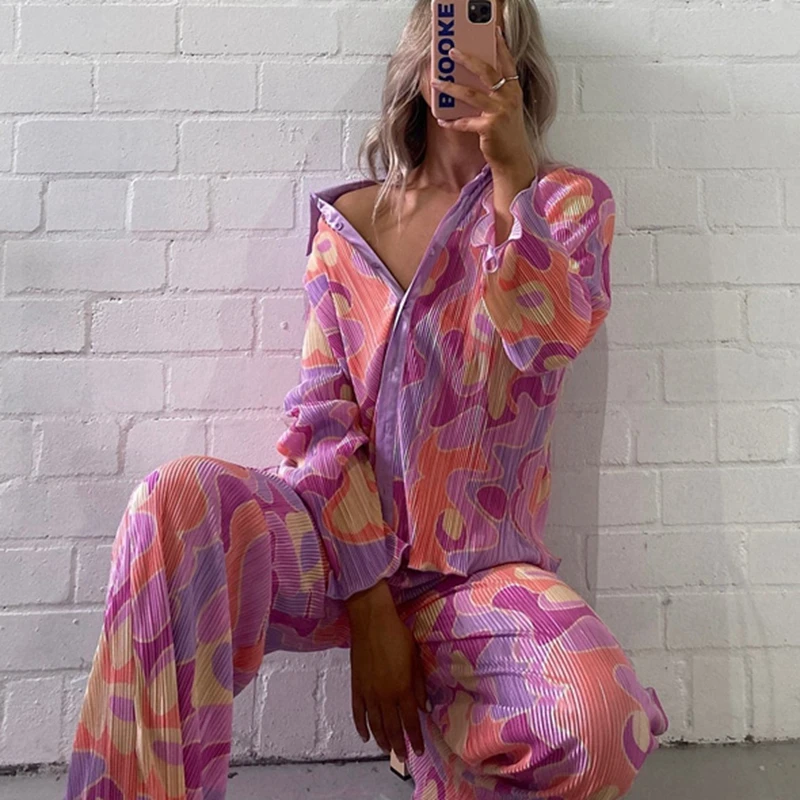 

Women Pleated Long Pants Set Floral Elegant Casual Long Sleeve Blouses High Waist Wide leg Pants Fashion Female Loose 2Piece Set