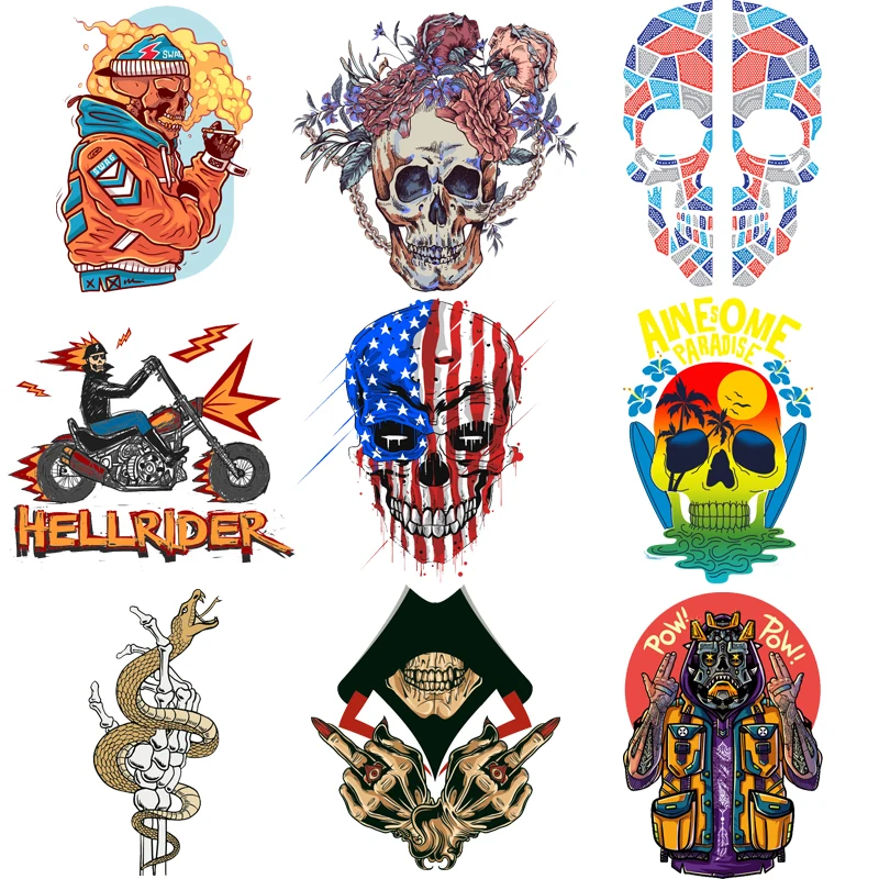

Hippie Rock Skull Patches Iron-on Transfers for Clothing Thermoadhesive Stickers on Clothes Punk Stripes Men's T-shirt Appliques