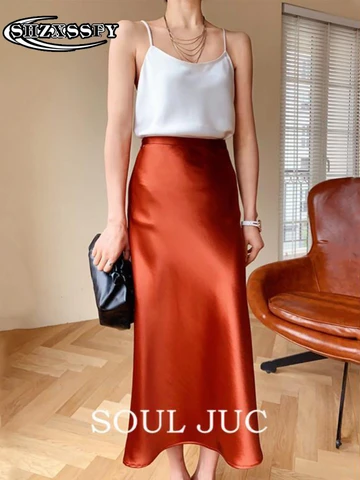 Skirts for Women Korean Fashion Clothing Silk Satin Solid High-waisted Skirt Women All-match New Loose Elegant Women's Skirts
