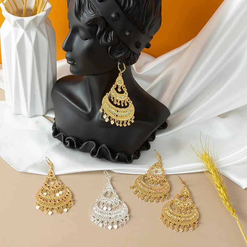 

Fatima Luxury Rhinestone Moon Shape Dangle Earrings for Women Arabic Trendy Long Drop Eardrop Crystal Ear Drop Wedding Jewelry