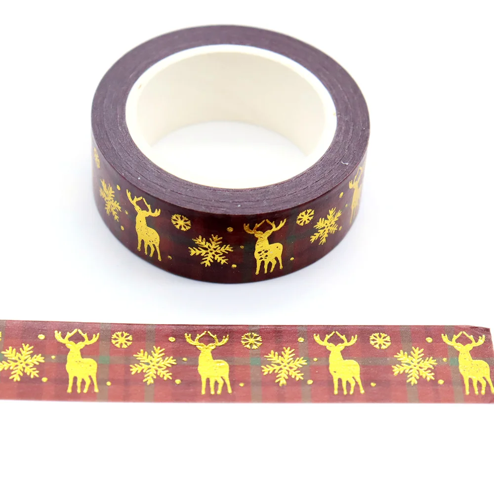 

2022 NEW 1PC 15mm*10m Gold Foil Christmas Stripes Snowflake Antelope Decorative Washi Tape Scrapbooking Masking Tape