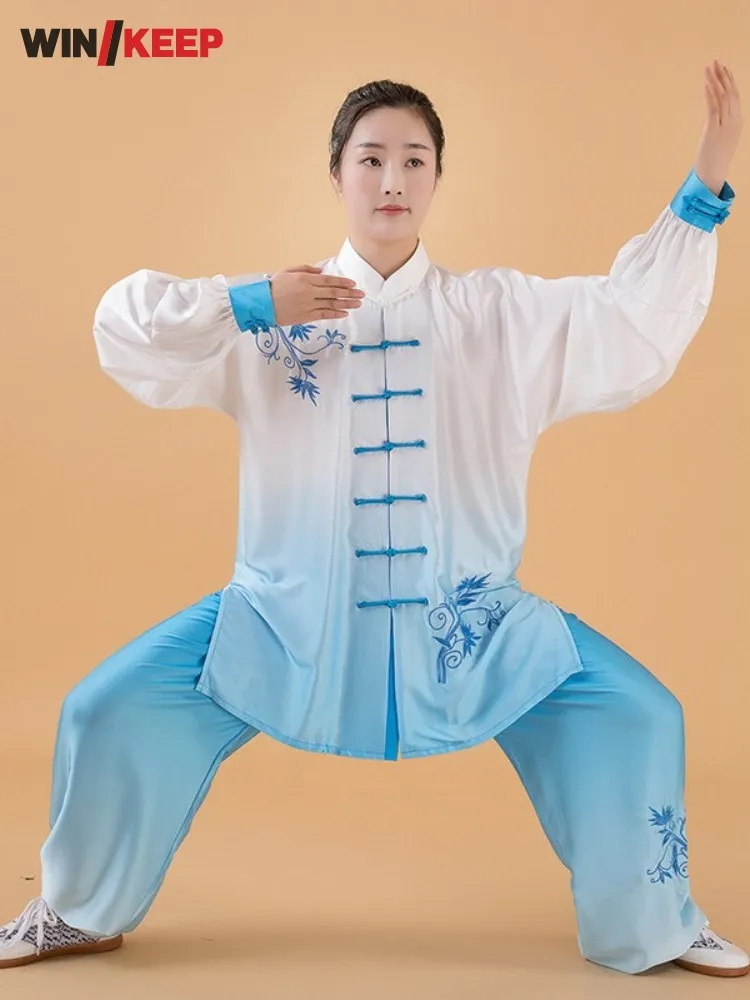 

Gradient Colour Silk Taichi Clothes Women Sport Fitness Kungfu Tow Piece Set Embroidery Vintage Loose Fit Martial Art Sportswear