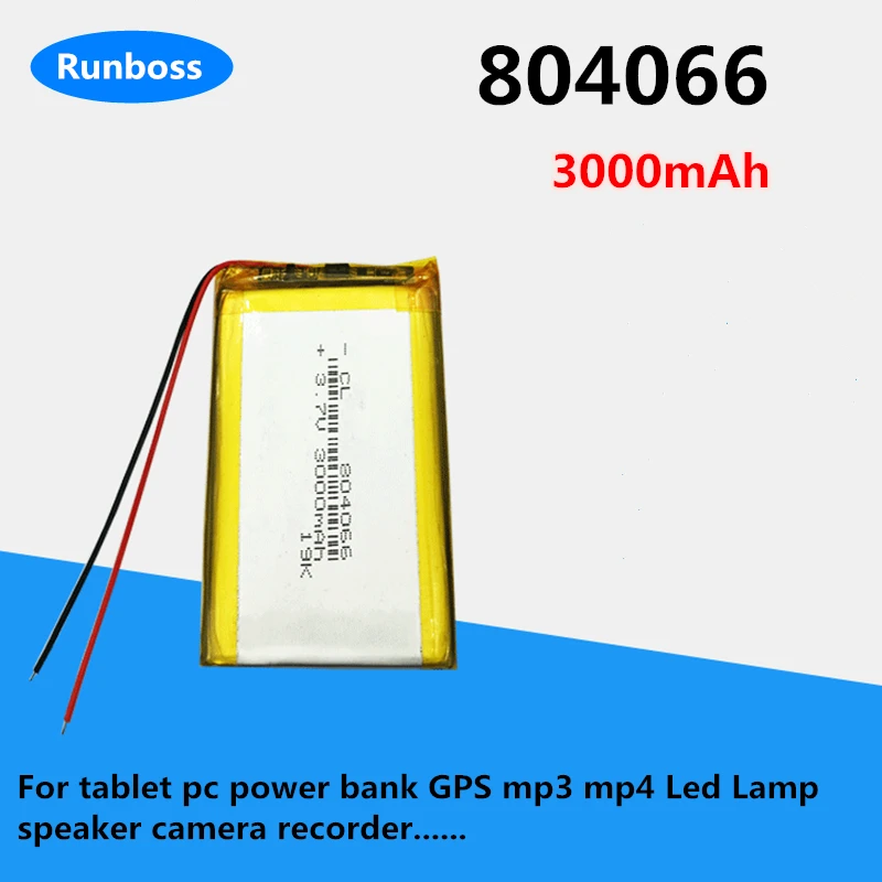 

804066 3.7V 3000mAH Polymer lithium ion Li-ion battery for tablet pc power bank GPS mp3 mp4 mp5 Led Lamp speaker camera recorder