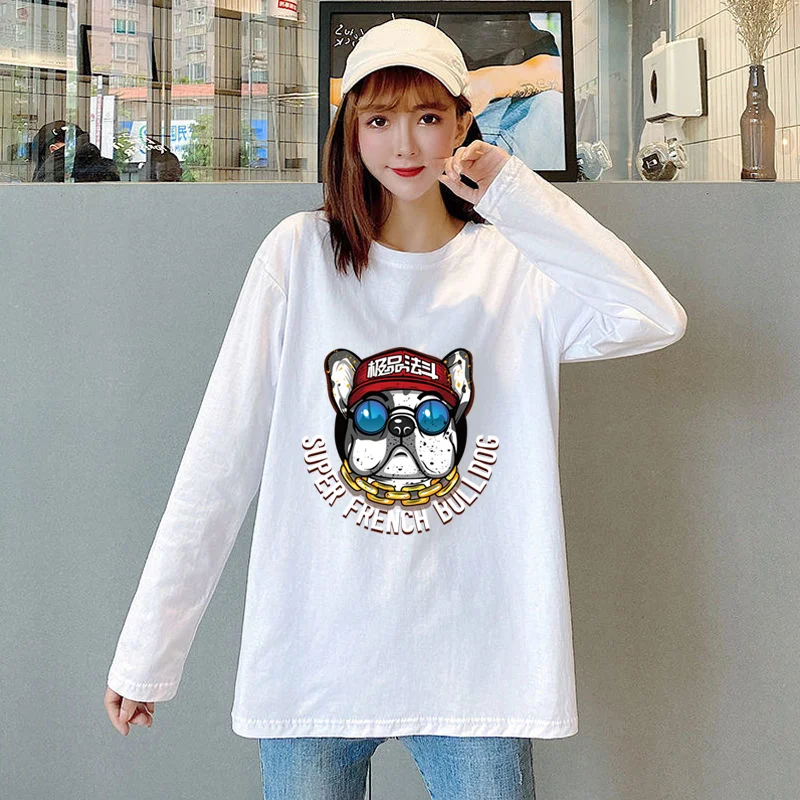 

2021 Autumn and Winter Women's Dog Print Top Loose Long-sleeved Round Neck shirt Women's Casual Pullover All-match T-shirt