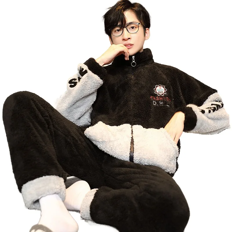 QIHENG 5XL Winter Men Pajamas Set Flannel Coral Fleece Thick Sleepwear Turtleneck Zipper Warm Nightwear Large Size Loungewear