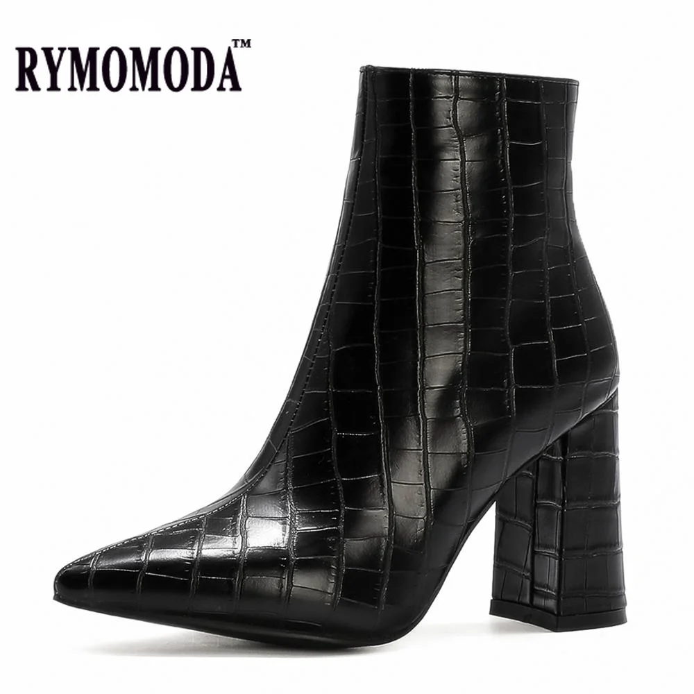 

RYMOMODA Women Ankle Boots Single and Short Plush lining Zipper High Heel Pointed Toe PU Leather Female Boot Big Size 41 42 43