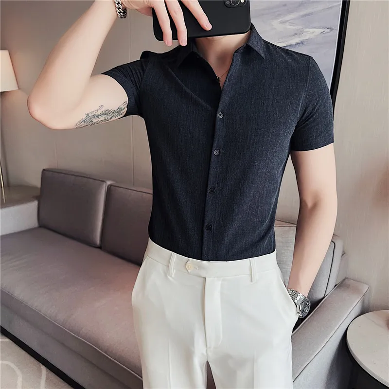 Summer Thin Shirts for Men Summer Short Sleeve Slim Casual Business Shirt Social Office Formal Dress Shirts Party Tuxedo Blouse
