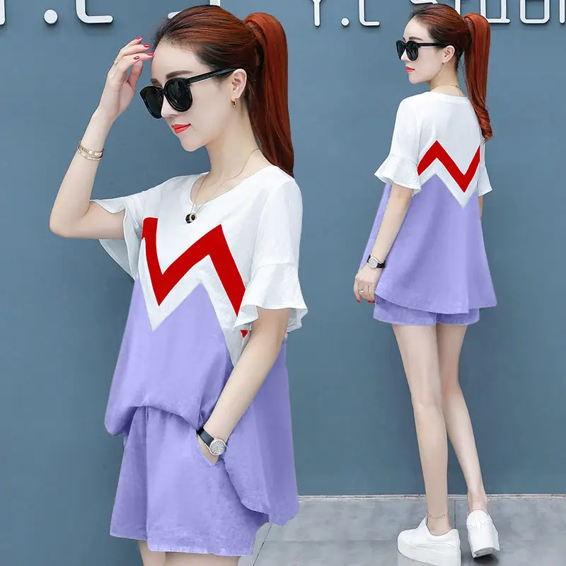 

2022 Summer Woman Two Piece Sets Female T Shirts and Shorts Sets Ladies Short Sleeve O-Neck Casual Joggers Outfit Sportswear A44