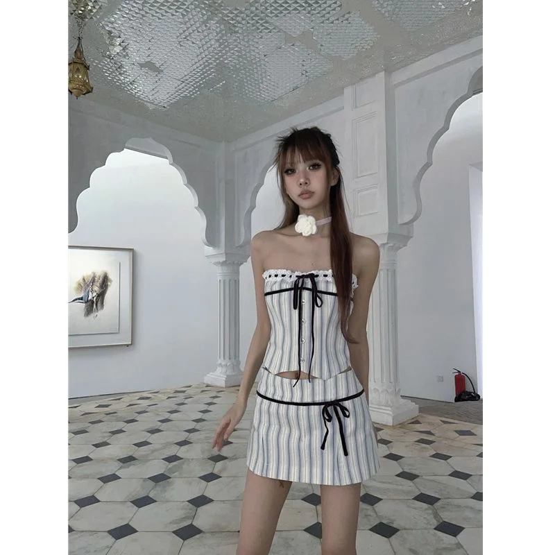 

Women's Vertical Stripe Two-piece Single Breasted Strapless Top + High Waisted A-line Short Skirt Summer New Sexy Dress Set