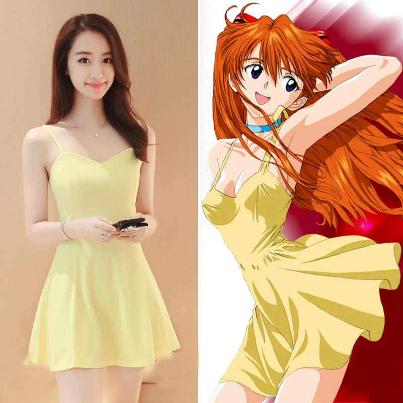 

Asuka Langley Soryu желтое платье Косплей Костюм анархия красное платье костюм женские костюмы униформа