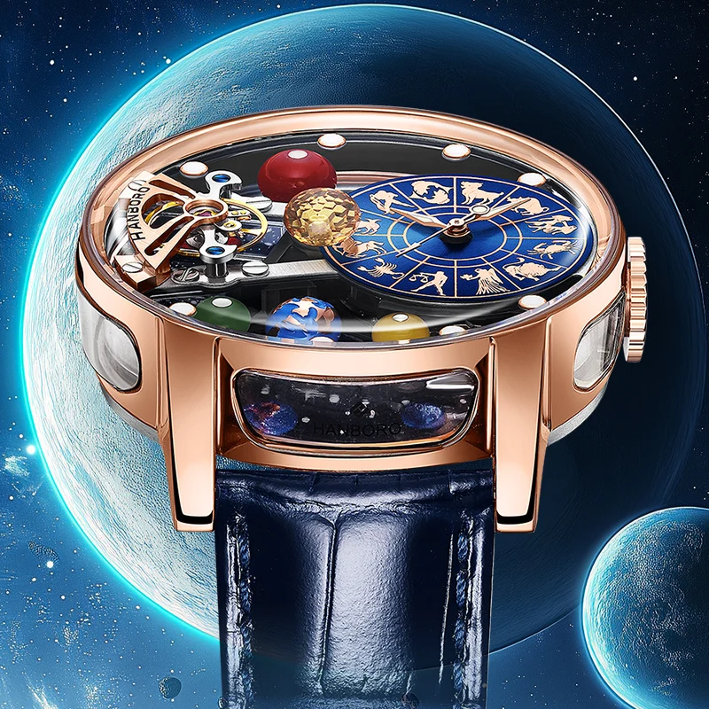 Фото Мужские полностью автоматические механические часы HANBORO Celestial Series 12 Constellation с эффектом звездного неба и ночной подсветкой, трендовые №4