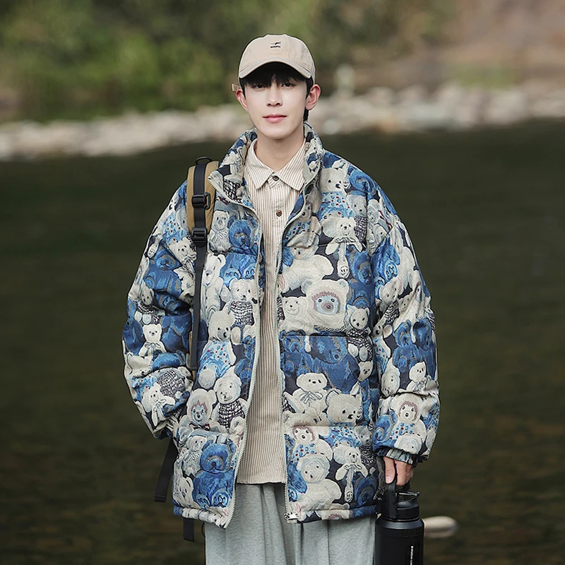 

Winter Anime Bear Printing Down Jacket Men Fashion Cotton Coat Padded Warm Parka Neutral Casual Windproof Hip Hop Male Jacket