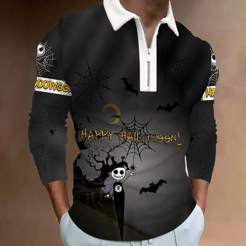 

S-5XL Men's Casual Autumn Long Sleeve Polo Shirts Men Male Zip Tee Shirt Halloween Men Tops Street Golf Clothing Clothes For Men