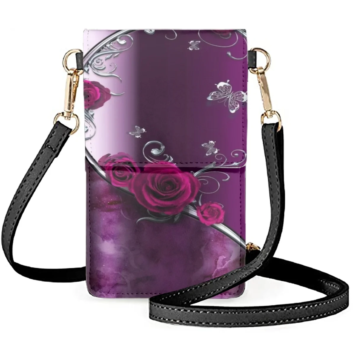 

FORUDESIGNS Romantic Purple Rose Ladies Cellphone Bag Mirror Sense Designs Mobile Phones Bag Women's Wallets Card Pack PU