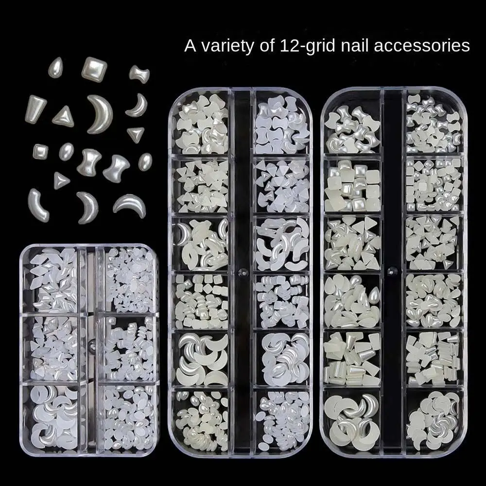 

6/12Grids Resin Heart Moon Nail Art Decoration Flat Back Pearlescent White Mixed Size 3D Manicure Accessories