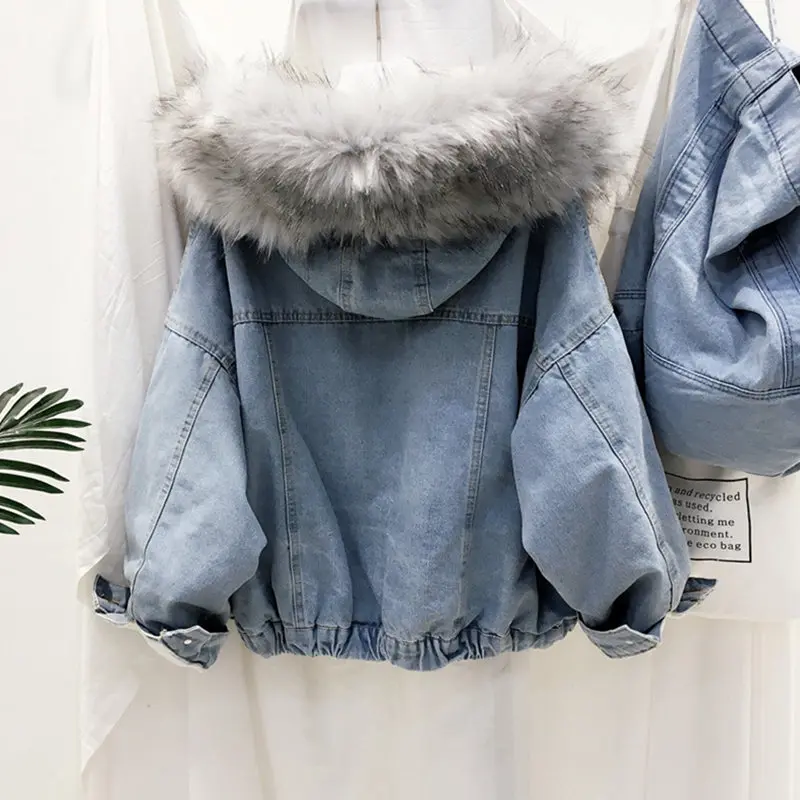 2 Colors Denim Jacket New Women Winter Hooded Faux Fur Collar Warm Jean Jacket Female Bomber Coats Student Basic Short Parkas