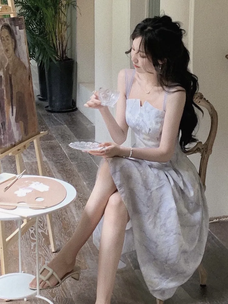 

Summer Women's Spaghetti Strap Elegant Midi Dress Female Fashion Floral Print Birthday Party Vestidos Clothes