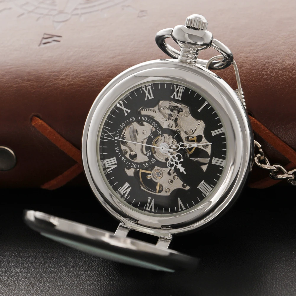 Transparent Case Silver Single Sided Mechanical Pocket Watch Men's Necklace Pendant Clock Retro Gentleman Accessories