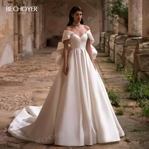 Wedding Dress 2 In 1 Bow Sleeveless Bride Gown 2023 Sweetheart Satin A-Line Court Train Princess BECHOYER EL201 Vestido de Noiva