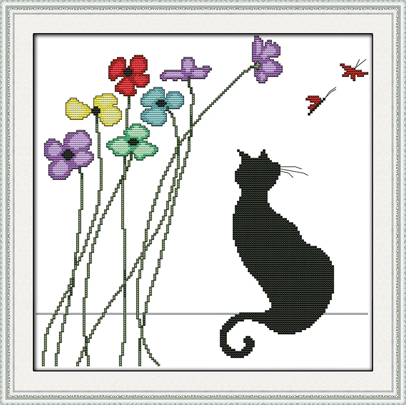 

Joy Sunday Pre-printed Cross Stitch Kit Easy Pattern Aida Stamped Fabric Embroidery Set-Black Cat and Flowers